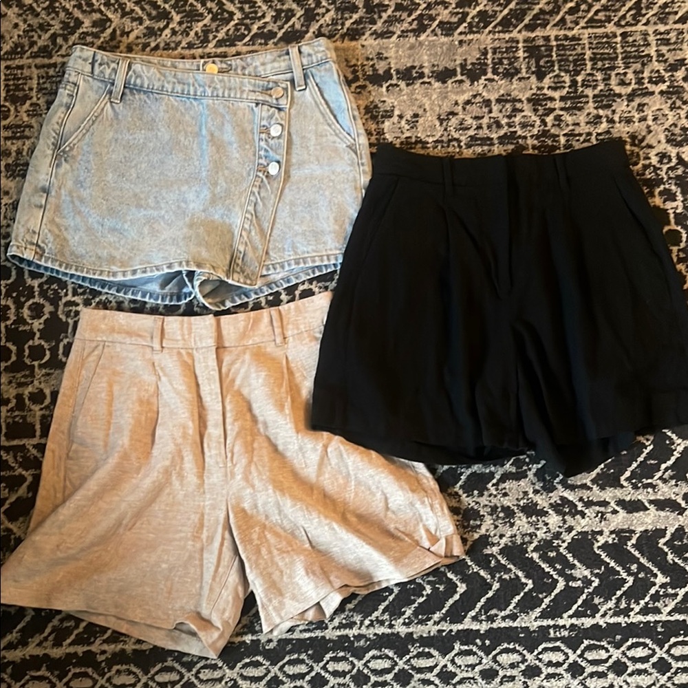 Women's Shorts Collection - Denim skort, Black, and Beige linen shorts